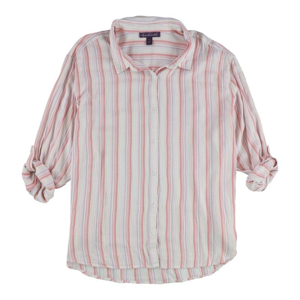 Gloria Vanderbilt Womens Roll Tab Stripes Button Up Shirt, , Plus Size, 1X, DM